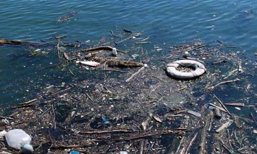 Polluted water with trash floating in it